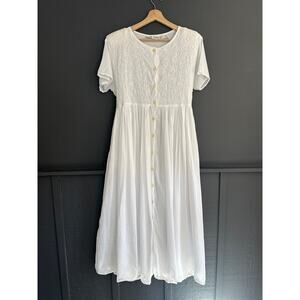 Vintage Jane Ashley White Embroidered Cotton Short Sleeve Midi Maxi Dress L